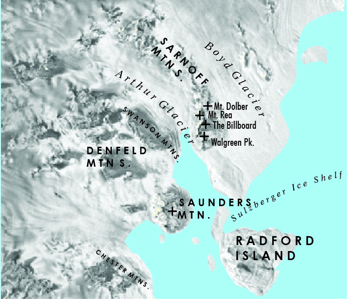 Walgreen Peak, shown at the end of the Sarnoff Mountains